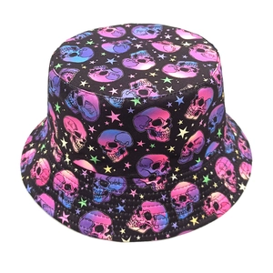 Double-sided bucket hat with colorful skull print for outdoor sun protection
