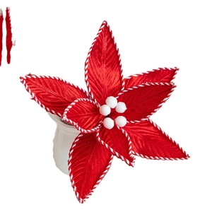 Elegante rote Weihnachtsstern-Blume aus Samt mit weißem Rand und Pompons für Deko