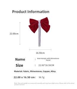 Detailed size chart for burgundy velvet bow hair clip with sparkling rhinestone tassels