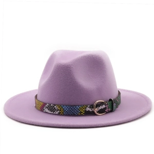 Lavender wide brim wool felt jazz fedora hat with colorful snakeskin patterned belt strap