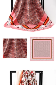 Detail of printed satin silk square scarves showing floral and geometric patterns