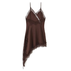 Close-up of mocha silk satin camisole dress featuring delicate eyelash lace trim