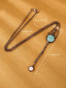 Detailed size map of vintage amazonite and rose quartz long necklace with 62cm chain