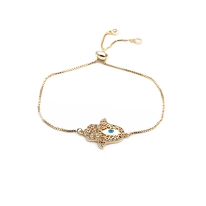 Verstellbares goldenes Hamsa-Hand-Armband mit bösem Blick und bunten Zirkonia-Steinen