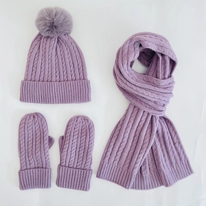 Women's 3-piece winter knit set with beanie, scarf, and gloves in light purple fleece