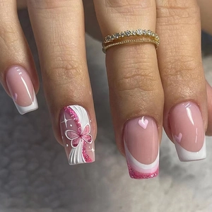 Press On Nails Long Coffin Pink White Butterfly Heart Design Textured Glitter French Tip Artificial Fake Nails For Women
