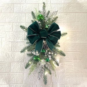 Christmas staircase teardrop garland with velvet bow, pine cones and LED lights