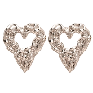 Silver metallic heart stud earrings with irregular lava texture and wrinkled hollow design