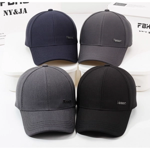 Detail view of four cotton baseball caps in navy, grey and black with Narason metal logo