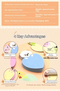 Detailed specs of cartoon animal sticky notes including sheep and frog shapes 7x10cm size