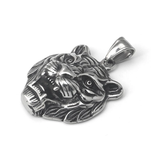 Polished stainless steel tiger head pendant necklace with detailed vintage relief design