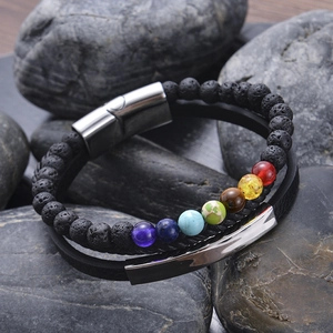 Multilayer lava rock and chakra stone leather bracelet with stainless steel magnetic clasp