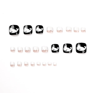 Black and white whale theme press-on toenails set with ocean wave decorative designs