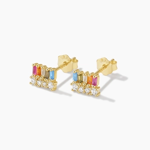 Macro shot of S925 silver stud earrings featuring colorful rectangular gemstones
