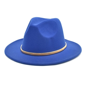 Detail showing the bright blue felt fedora with a golden textured decorative metal band