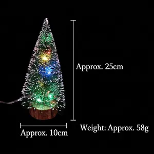 Specifications of mini snowy Christmas tree with LED lights, 25cm height and wooden base