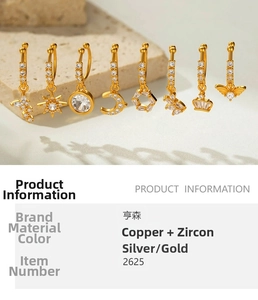 Detail of eight-piece copper zircon earring set with star moon and butterfly charms