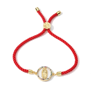 Adjustable red rope bracelet with golden Mary pendant and colorful cubic zirconia