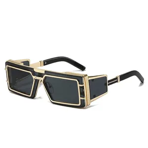 Futuristic gold square sunglasses with steampunk metal frames and dark lenses