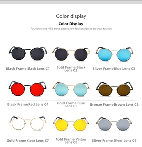 Detailed grid of retro steampunk sunglasses with round metal frames in nine color variations