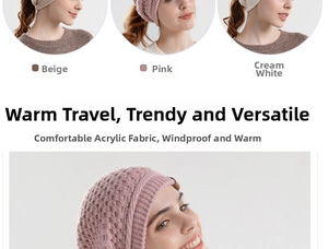 Detailed knit texture of warm winter beanie hats in beige, pink and white cream