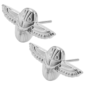 Detailed close-up of scarab beetle stud earrings in silver 304 stainless steel