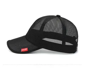 Close-up of black breathable mesh baseball cap with red side logo detail and curved brim