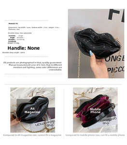Detail view of glossy black lip-shaped PU bag showing internal space for a mobile phone
