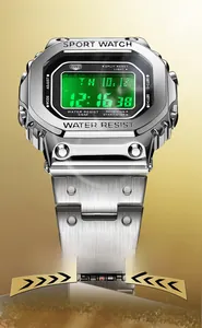 Detail of square silver digital sport watch with green backlight and waterproof features
