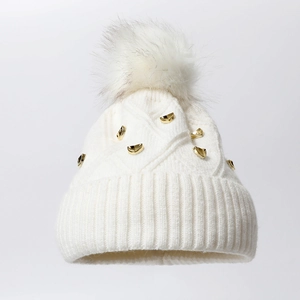 Bonnet En Maille Avec Grand Pompon En Fausse Fourrure Et Rivets Dorés Hiver Chaud Élastique Pour Femmes