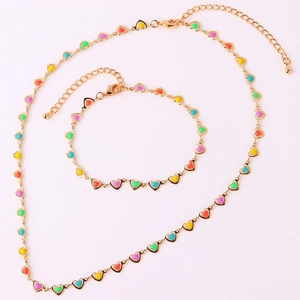 Colorful Heart Enamel Necklace Bracelet Brass Gold Plated Oil Drip Chic Trendy Minimalist Jewelry For Women