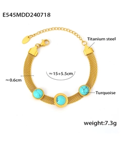 Detail of 18k gold plated mesh chain bracelet featuring turquoise round stones