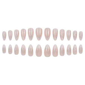 Almond shaped press-on nails with nude base and silver flame patterns 24 pieces set