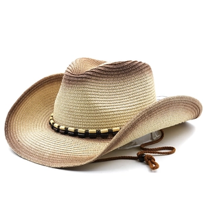 Breathable straw cowboy hat with wide brim and beaded band for outdoor sun protection