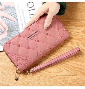 Lange PU-Ledergeldbörse in Rosa mit Herzbestickung und Bärchenmotiv für Damen