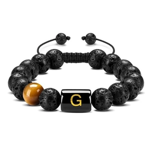 Detail of beaded bracelet with 10mm lava stones, tiger eye gem, and gold letter G charm