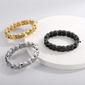 Detailed look at hip-hop style bicycle chain bracelets in gold, silver, and black finish