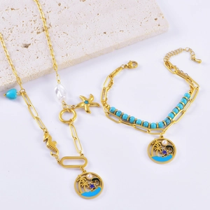Marine Seahorse Starfish Pendant Necklace Stainless Steel Blue Heart Stone Faux Artificial Pearl Beach Vacation Jewelry For Women