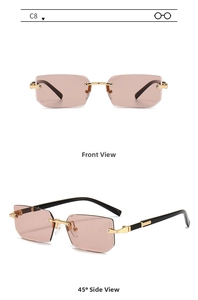 Detail view of rimless rectangular sunglasses with pink gradient lenses and gold metal trim