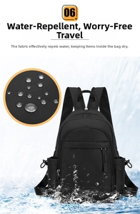 Black waterproof nylon backpack detail showing water-resistant fabric and dual straps.