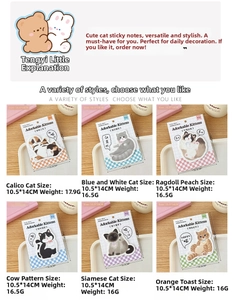 Detail view of 6 styles of adorkable kitten-shaped sticky notes for journaling and memos