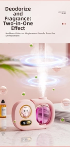 Macro view of a pink cat-themed aroma diffuser with digital display and scent misting