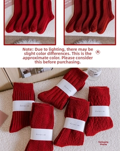 Detailed knit patterns of red winter socks with stylish white paper band packaging