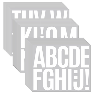 Detail of 3-inch waterproof alphabet stickers with white bold letters on grey background