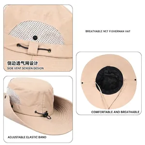 Outdoor breathable hiking sun hat with side mesh and adjustable chin strap in beige