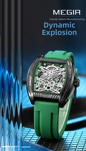 Macro shot of a men's automatic skeleton watch featuring a vibrant green silicone strap