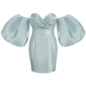 Light blue satin off-the-shoulder mini dress with puff sleeves and sweetheart neckline