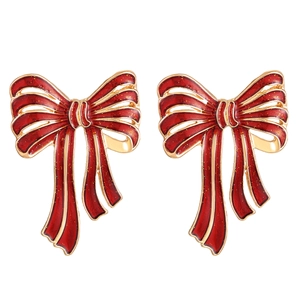 Festive red bow stud earrings with golden alloy edges for elegant New Year jewelry style