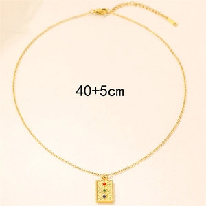 18K gold plated titanium necklace with rectangular pendant and three-color gemstones, 40+5cm