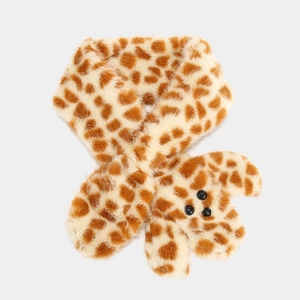Plush giraffe pattern bucket hat and scarf set with cute animal ears for winter warmth